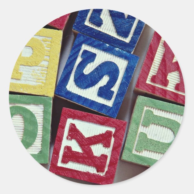 Adesivo Redondo Blocos de madeira com alfabetos para crianças (Frente)