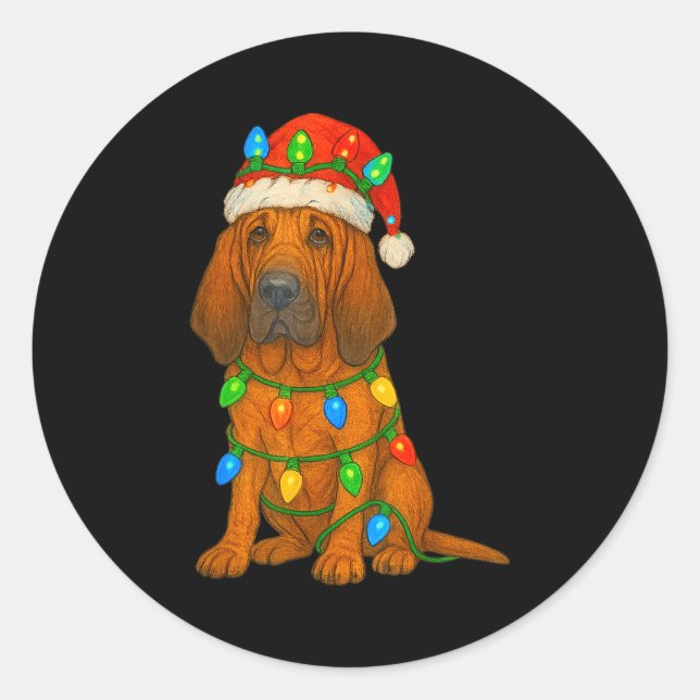 Adesivo Redondo Bloodhound Christmas Lights Dog Lover Xmas Pajama  (Frente)