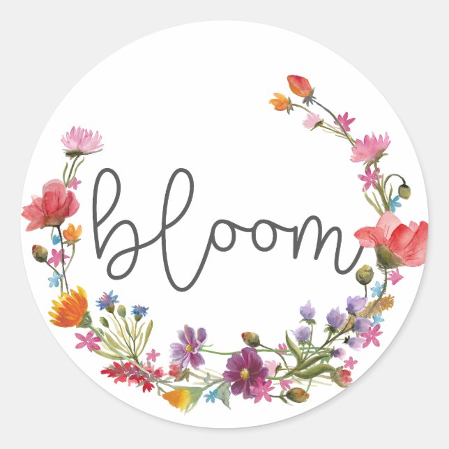 Adesivo Redondo Bloom, Citação Inspiracional Flores Selvagens Boho (Frente)