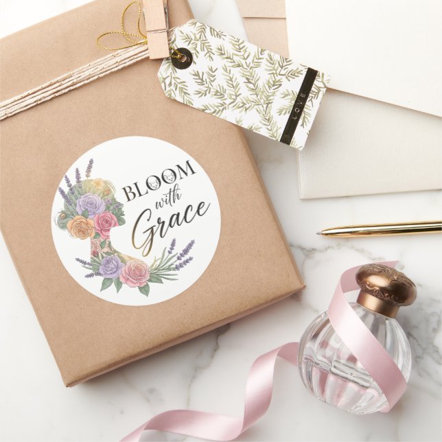 Adesivo Redondo Bloom com Grace Elegant Floral Woman Silhouette (Presentear)