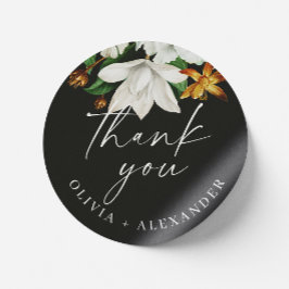 Adesivo Redondo Bloom vintage camellia. Obrigado de casamento negr