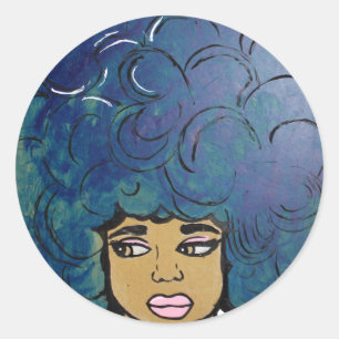 Adesivo Redondo Blue Afro Ebony Girl Big Hair