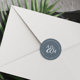 Adesivo Redondo Blue Ampersand Monograma Wedding Endereço de devol