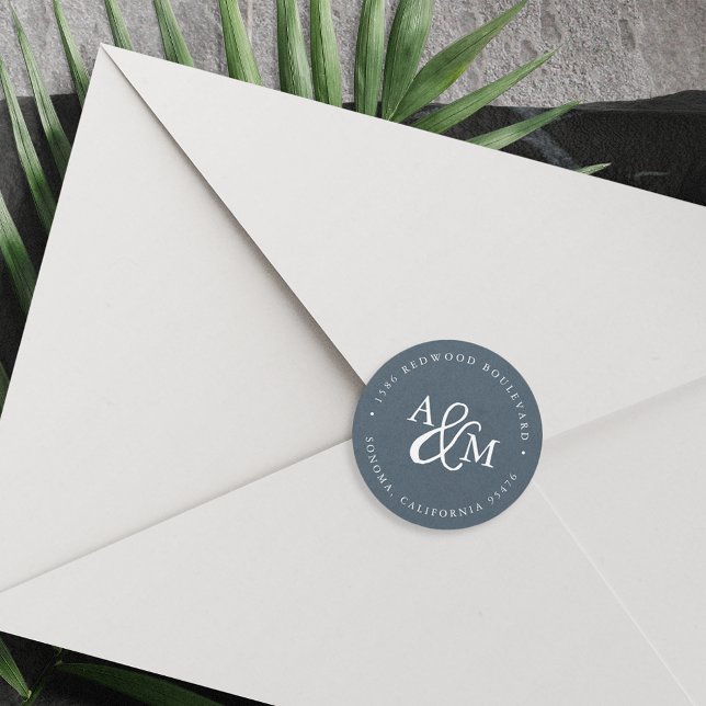 Adesivo Redondo Blue Ampersand Monograma Wedding Endereço de devol (Criador carregado)