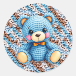 Adesivo Redondo Blue and Brown Crocheted Teddy Bear