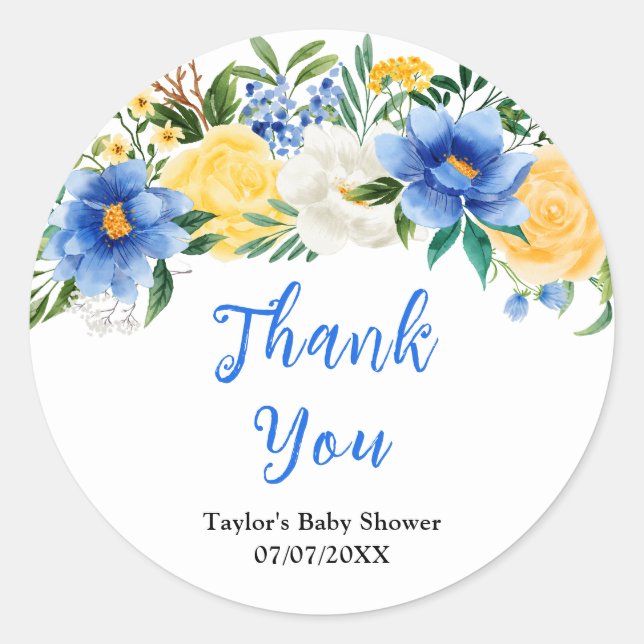 Adesivo Redondo Blue and Yellow Floral Baby Shower Thank You (Frente)
