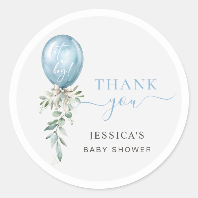 Adesivo Redondo Blue Balloon Bow Greenery Baby Shower Thank You (Frente)