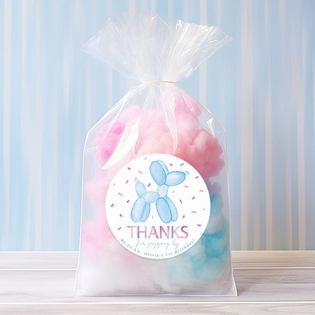 Adesivo Redondo Blue Balloon Party Favor Sticker (pastel 1st birthday balloon animal sticker)