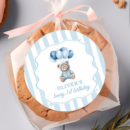 Adesivo Redondo Blue Balloons Teddy Bear Birthday Sticker