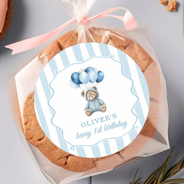 Adesivo Redondo Blue Balloons Teddy Bear Birthday Sticker (Criador carregado)