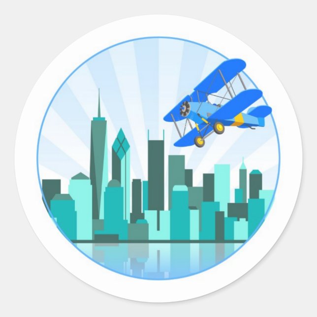Adesivo Redondo Blue Biplane sobre Nova York - Design (Frente)