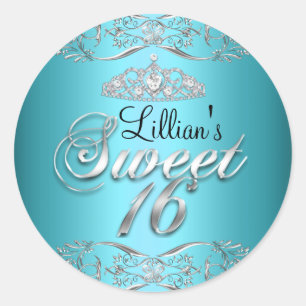 Adesivo Redondo Blue Black Damask & Tiara Sweet 16 Sticker