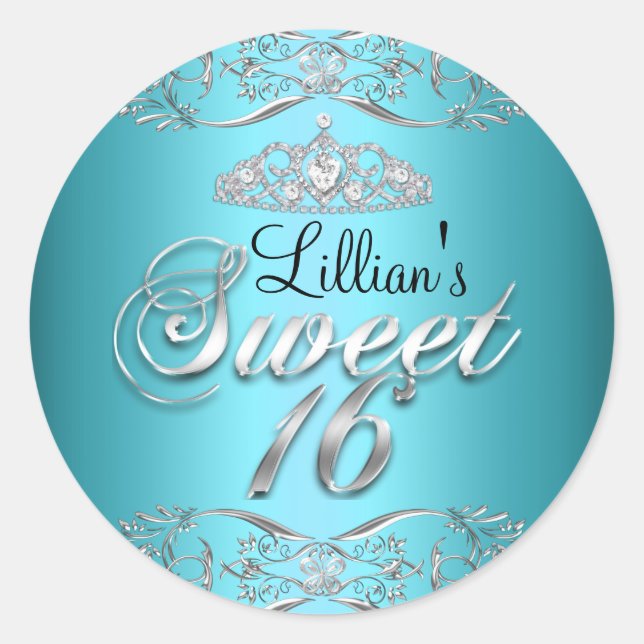 Adesivo Redondo Blue Black Damask & Tiara Sweet 16 Sticker (Frente)