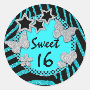 Adesivo Redondo Blue Black Silver FAUX Glitter Sweet 16 Sticker