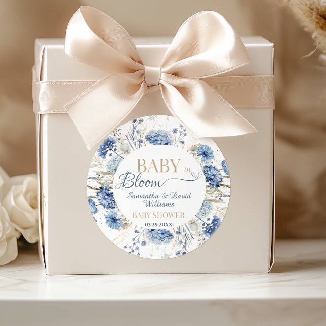 Adesivo Redondo Blue Botanical Wildflower Baby in Bloom Baby Showe (Criador carregado)
