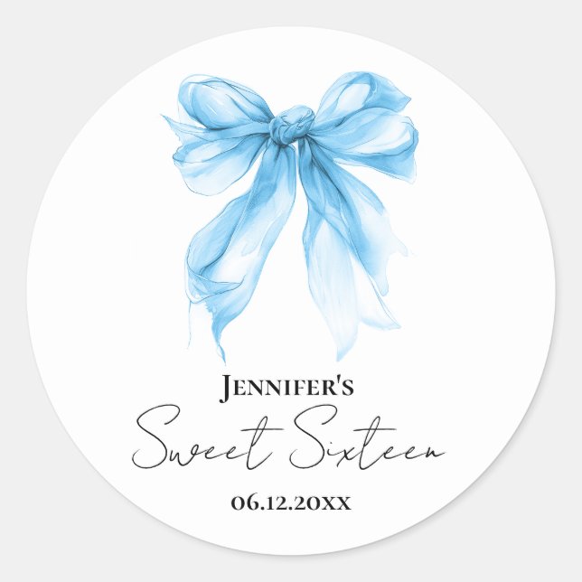 Adesivo Redondo Blue Bow Coquette Script Sweet 16 Party  (Frente)