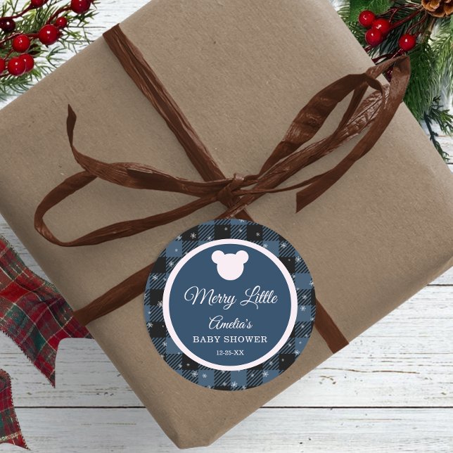 Adesivo Redondo Blue Buffalo Plaid Bear Baby Shower Sticker (Criador carregado)