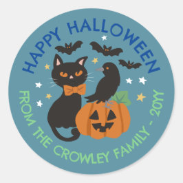 Adesivo Redondo Blue Cat Pumpkin Raven Happy Halloween