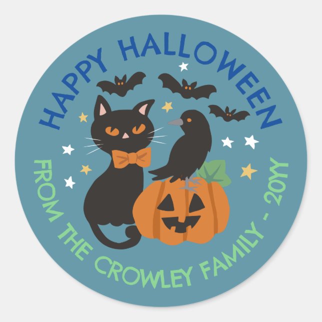 Adesivo Redondo Blue Cat Pumpkin Raven Happy Halloween (Frente)