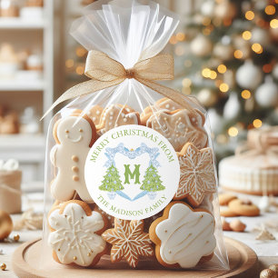 Adesivo Redondo Blue Chinoiserie Árvore Natal Monograma Crest