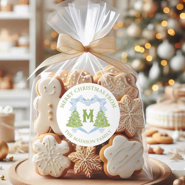 Adesivo Redondo Blue Chinoiserie Árvore Natal Monograma Crest (Criador carregado)