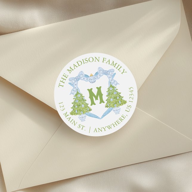 Adesivo Redondo Blue Chinoiserie Árvore Natal Monograma Crest (Criador carregado)