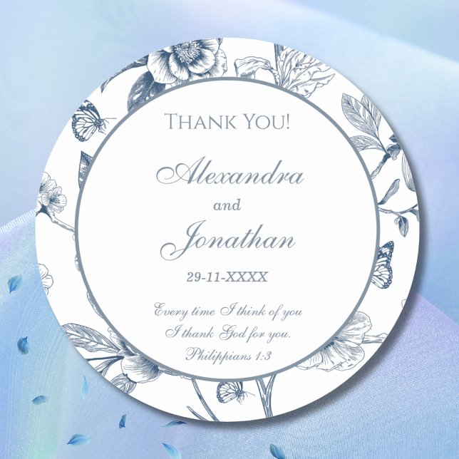 Adesivo Redondo Blue Chinoiserie Christian Wedding Thank You (Criador carregado)