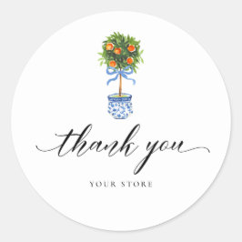 Adesivo Redondo Blue Chinoiserie Pottery Orange Topiário Obrigado