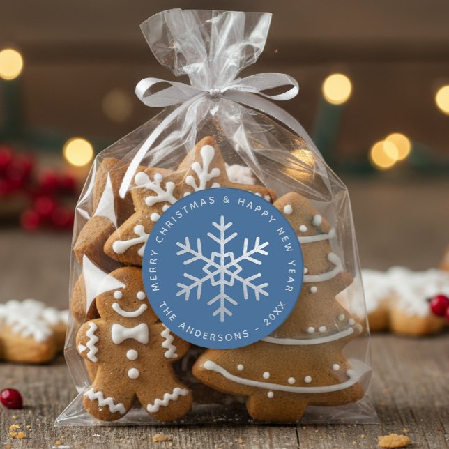 Adesivo Redondo Blue Christmas Snowflake Elegant Faux Silver Foil  (Criador carregado)