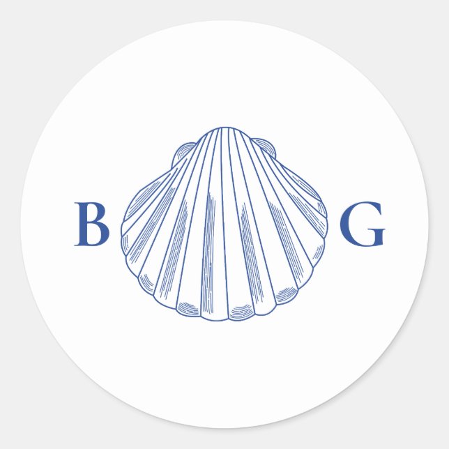 Adesivo Redondo Blue Clam Seashells Coastal Seaside Beach Wedding (Frente)