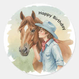 Adesivo Redondo Blue Cowboy Kissing a Horse Birthday Party