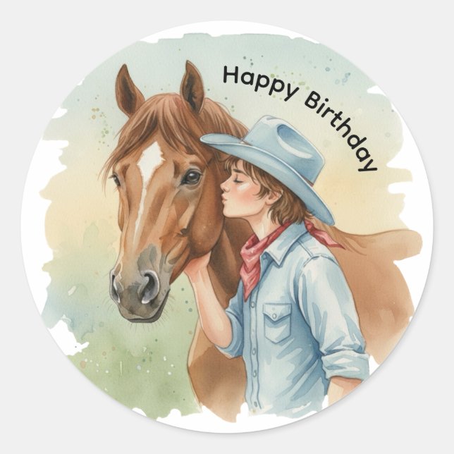 Adesivo Redondo Blue Cowboy Kissing a Horse Birthday Party (Frente)