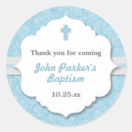 Adesivo Redondo Blue Damask cross boy baptism batizando favor