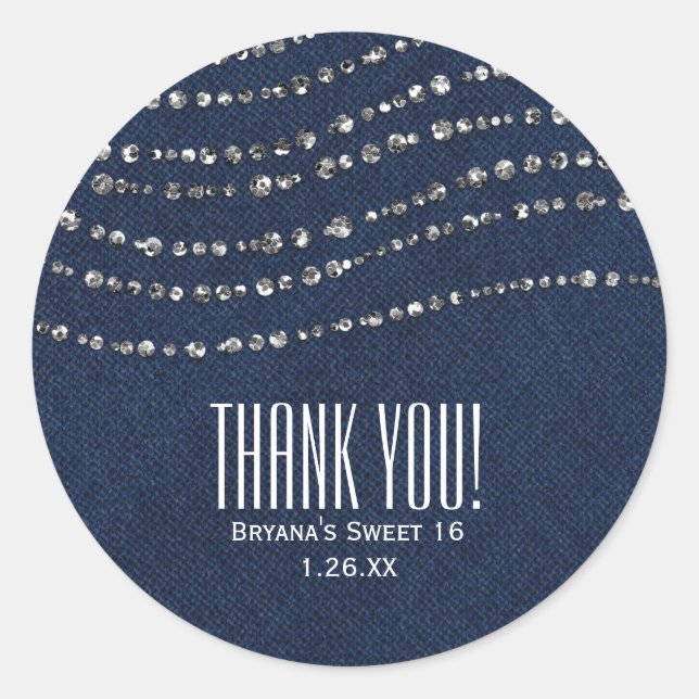 Adesivo Redondo Blue Denim & Diamantes Sparkle Bling Party Favor (Frente)