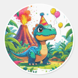 Adesivo Redondo Blue Dino Birthday Sticker 