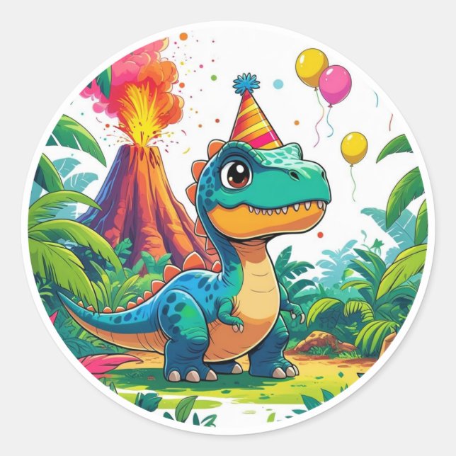 Adesivo Redondo Blue Dino Birthday Sticker  (Frente)