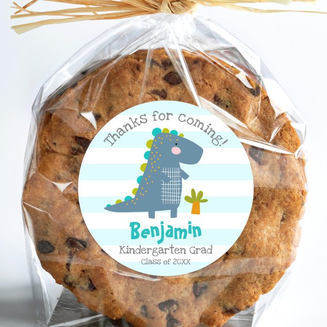 Adesivo Redondo Blue Dinosaur Boy Kindergarten Graduation Thanks (Criador carregado)