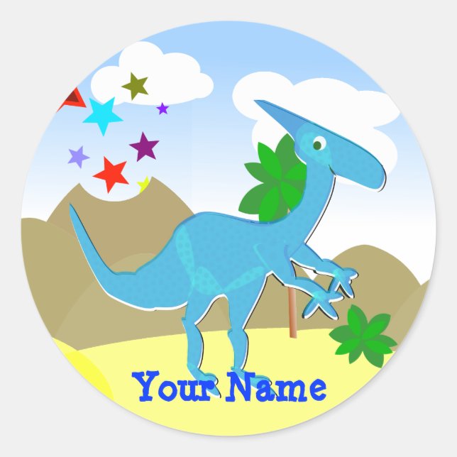 Adesivo Redondo Blue Dinosaur Cartoon Name Sticker (Frente)