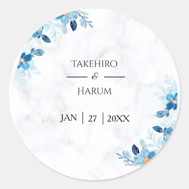 Adesivo Redondo Blue Elegant flower summer wedding (Frente)