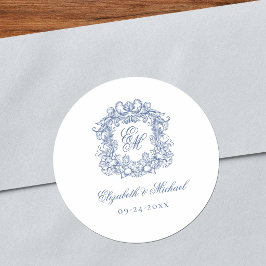 Adesivo Redondo Blue Elegant Vintage Monogram Crest Wedding