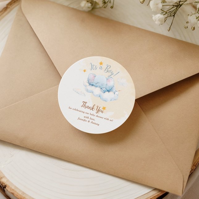 Adesivo Redondo Blue Elephant Baby Shower Thank You It's a Boy (Criador carregado)