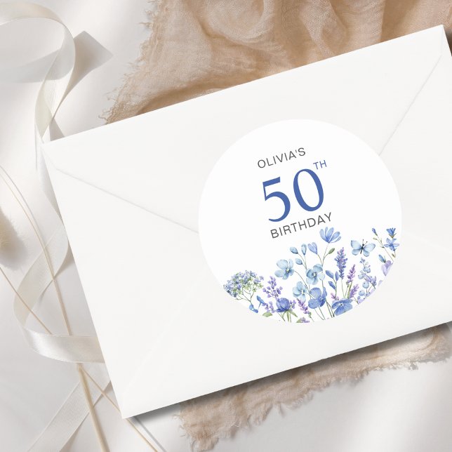 Adesivo Redondo Blue Floral 50th Birthday (Criador carregado)