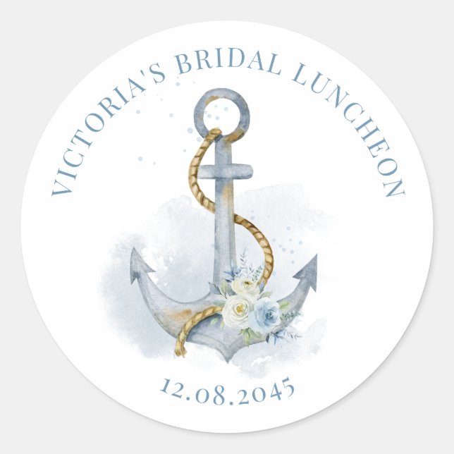 Adesivo Redondo Blue Floral Anchor Nautical Bridal Luncheon (Frente)