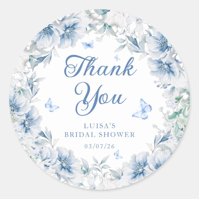 Adesivo Redondo Blue Floral Butterfly Bridal Shower Thank You (Frente)
