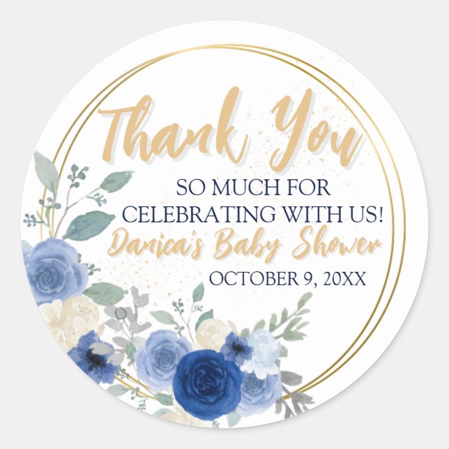 Adesivo Redondo Blue Floral & Dourado Classic RounSticker Classic  (Frente)