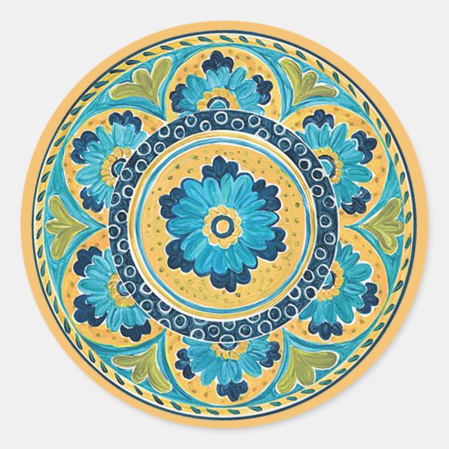 Adesivo Redondo Blue Floral Mexicano Azulejo Sticker (Frente)