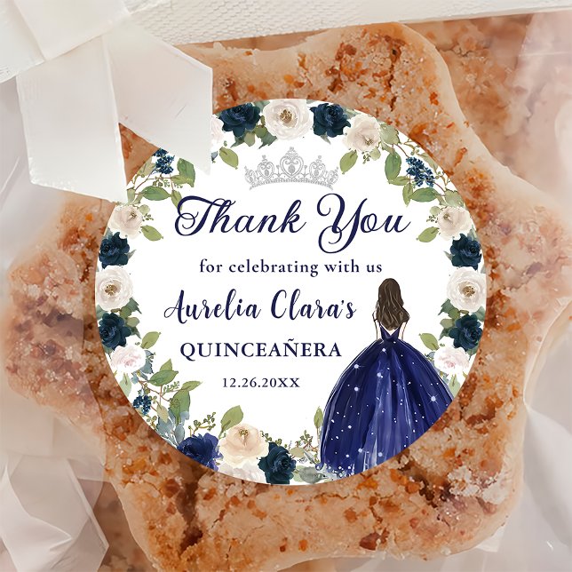 Adesivo Redondo Blue Floral Princess Quinceañera Birthday (Criador carregado)