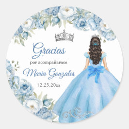 Adesivo Redondo Blue Floral Silver Crown 15 Años Obrigado Presente