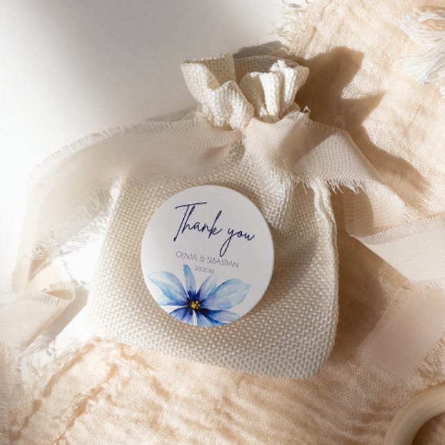 Adesivo Redondo Blue Flower Minimalist Watercolor Obrigado (Criador carregado)