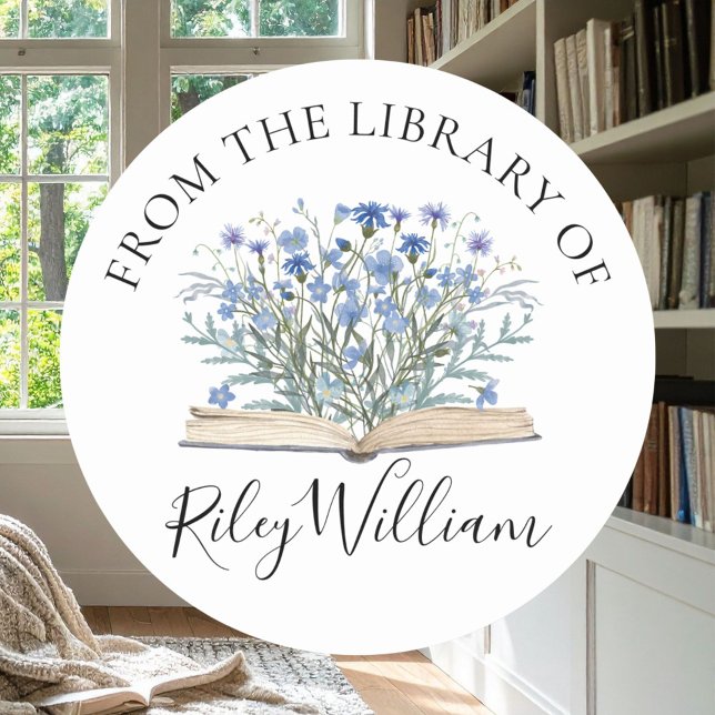 Adesivo Redondo Blue Flowers Grow From Book Bookplate Sticker (In situ)